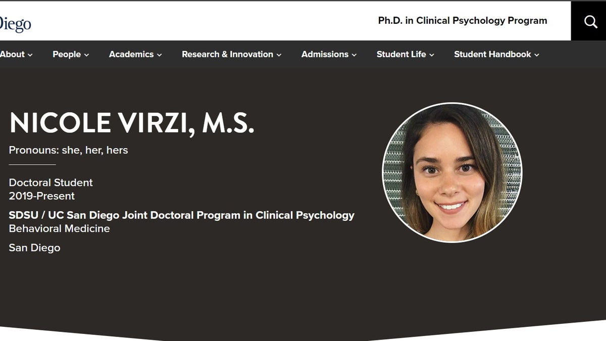 Capture d'écran de la biographie de Nicole Virzi en tant qu'étudiante au doctorat au site Web du programme doctoral conjoint en psychologie clinique de l'Université d'État de San Diego et de l'UC San Diego. 